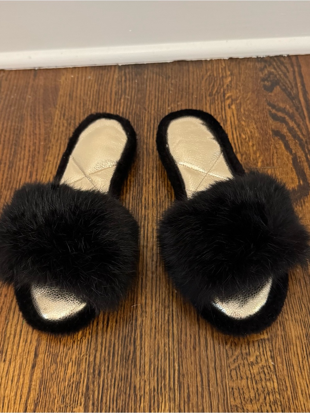 Plush Real Fur Slide Slippers in Black